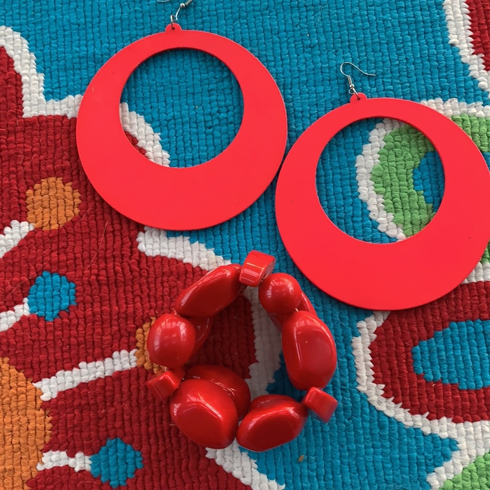 RED RED RED Large Light WoodEarrings (3 inchs) and RED BEAD Bracelet (stretchy)